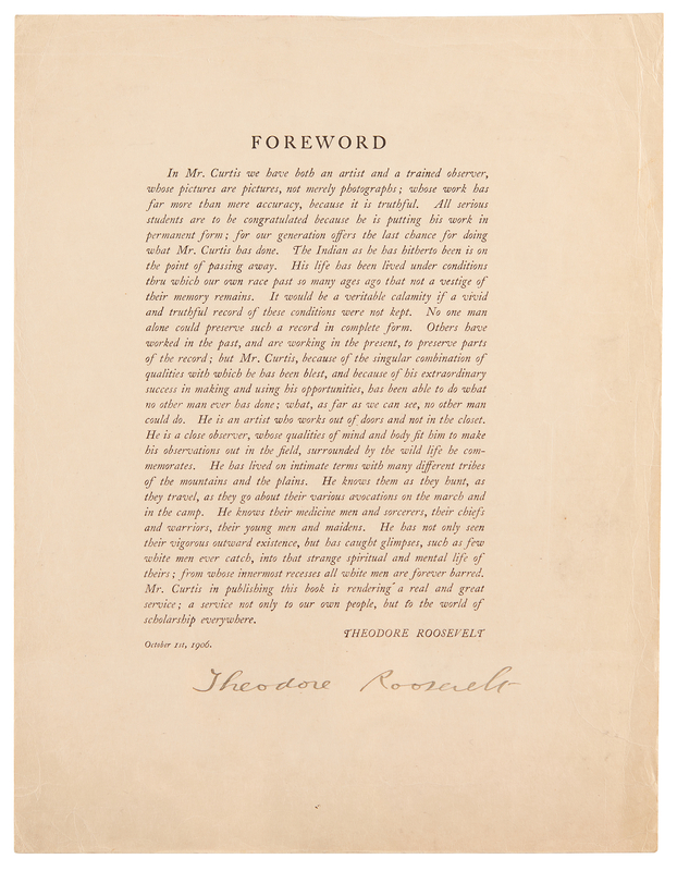 Lot 6010 Theodore Roosevelt Presidentially Signed Foreword Page for 'The North American Indian' by Edward S. Curtis