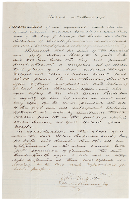 Lot 6124 Allan Pinkerton Signed Publishing Contract for His Book, Claude Melnotte as a Detective, and Other Stories