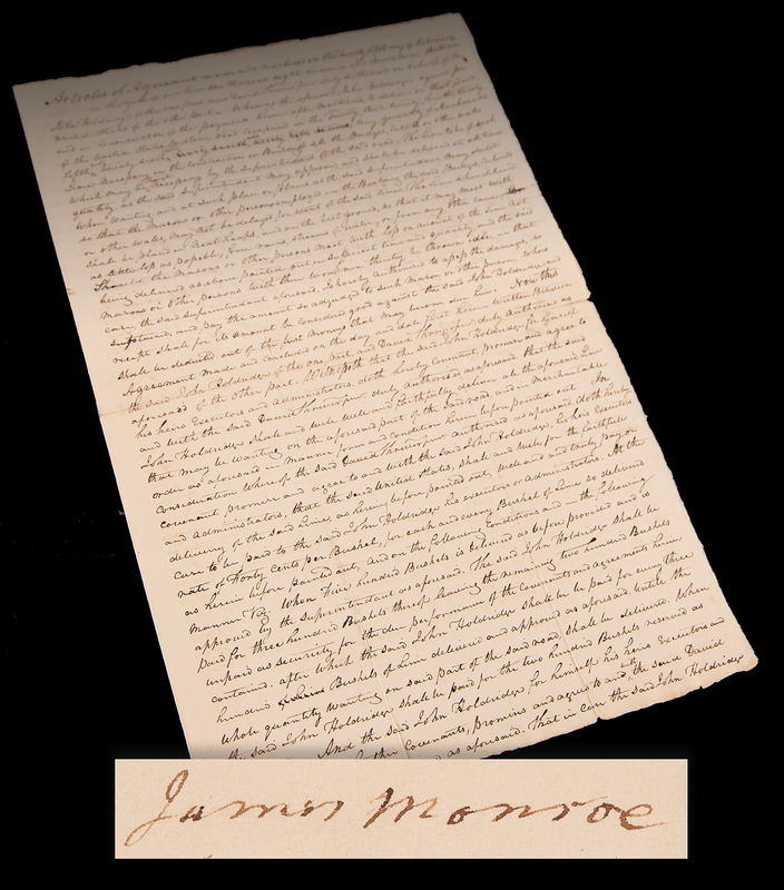 Lot 6001 James Monroe Endorsement Signature as President-Elect, Approving a Construction Contract for the Cumberland Road (“United States Western Road”) - America’s First Federally Funded Highway