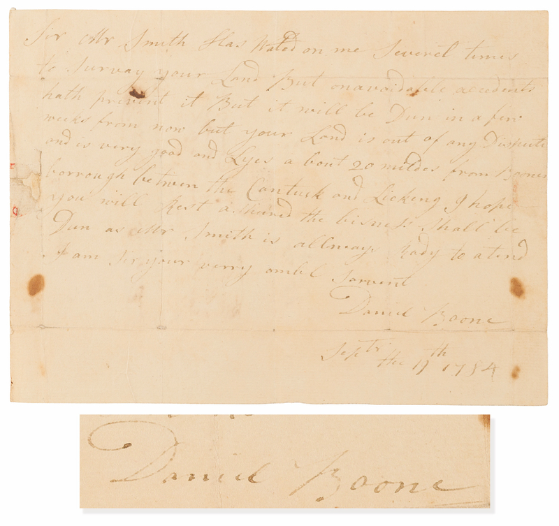 Lot 6093 Daniel Boone Autograph Letter Signed as Deputy Surveyor, Referencing Land “20 Miles from Boonesborrough” (1784)