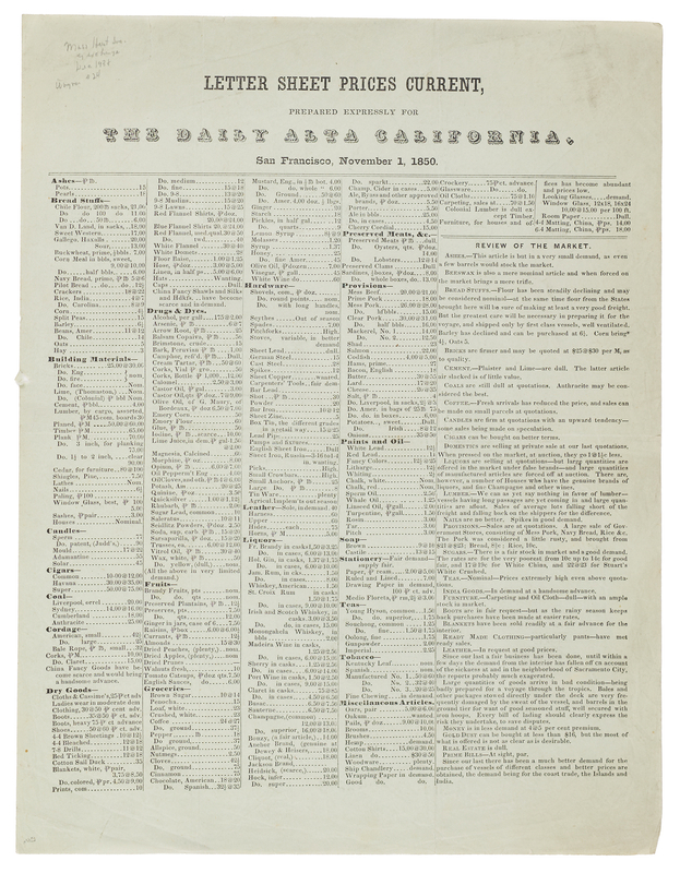 Lot 6016 Gold Rush: The Daily Alta California Current Price Market Sheet - Listing Opium, Morphine, and Arsenic (San Francisco, 1850)