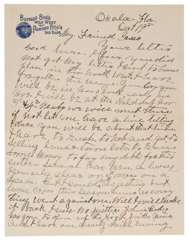 Lot 6168 William F. 'Buffalo Bill' Cody Autograph Letter Signed on His Disastrous 1912 Season