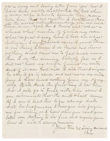 Lot #6133 Frank James Autograph Letter Signed to His Wife, Awaiting Trial in Gallatin, Missouri, Five Months After Jesse James was Gunned Down by Robert Ford: 