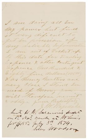 Lot #6151 James-Younger Gang: J. W. Ragsdale Autograph Letter Signed to Gov. Silas Woodson, Tracking the Outlaws: 
