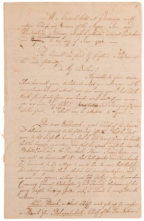 Lot #6061 Council at Vincennes: Manuscript Record of a Peace Council with Chiefs and Warriors of the Saque, Fox, and Kaskaskias (1794) - Image 2