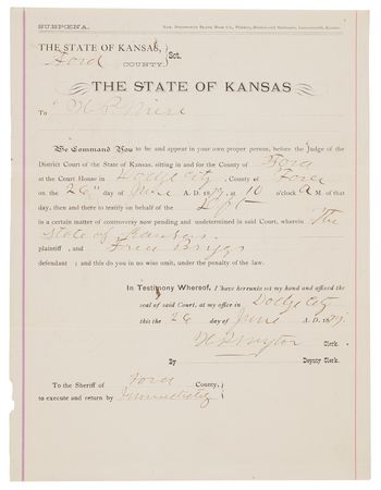 Lot #6121 Bat Masterson Document Signed as Dodge City Sheriff - Subpoena for the Appearance of a Witness - Image 2