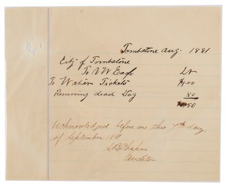 Lot #6113 Wyatt and Virgil Earp Archive: Signed Leasing Contract and Autograph Bill to the City of Tombstone - Image 4