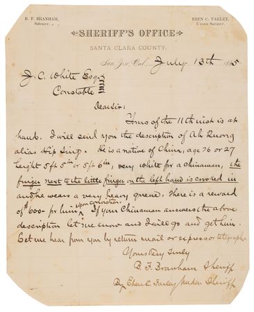Lot #6127 California Sheriff's Letter and Mug Shot of Chinese Criminal (1885) - Image 2
