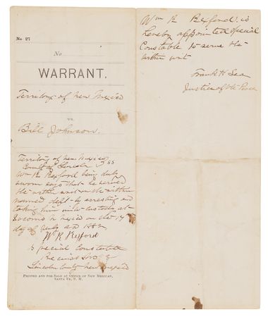 Lot #6125 New Mexico Territory: Frank Lea Signed Warrant to “Arrest and Take the Body” of a Murder Suspect in Lincoln County (1882) - Image 2