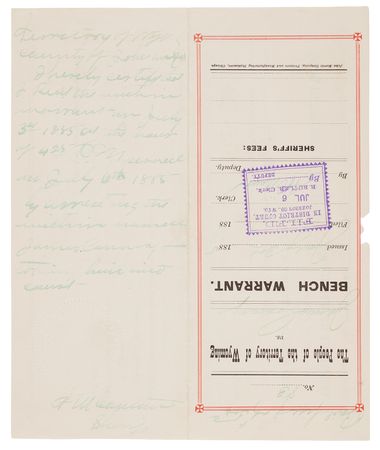 Lot #6126 Wyoming Territory: H. R. Mann Signed Bench Warrant for a Johnson County Horse Branding Fraud Case (1885) - Image 2