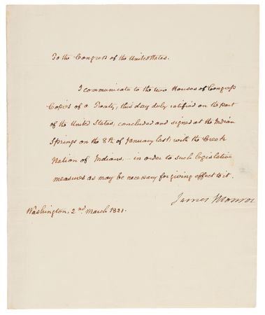 Lot #6002 James Monroe Letter Signed as President to the U.S. Congress, Forwarding a Treaty with 