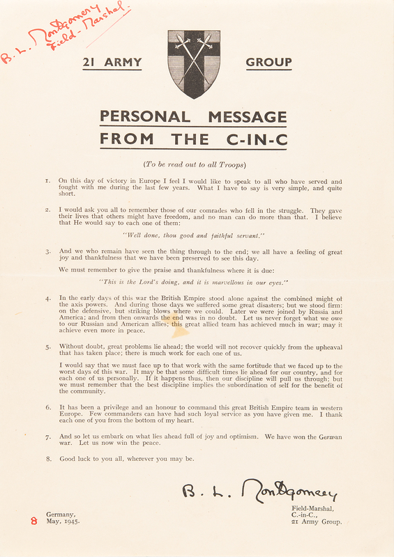 Lot 87 Montgomery of Alamein War-Dated Document Signed and Dated to ‘Victory in Europe Day’ (May 8, 1945)