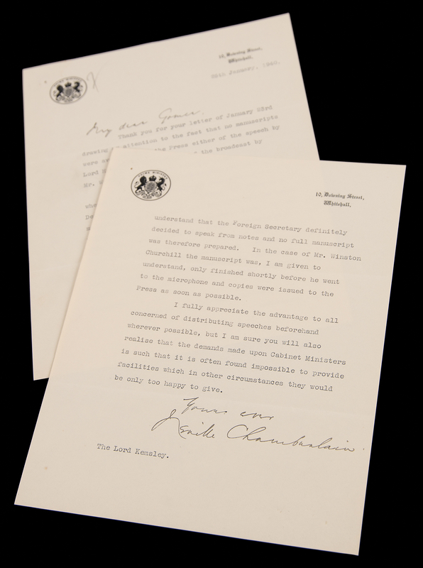 Lot 21 Neville Chamberlain WWII-Dated Typed Letter Signed on Churchill's 'House of Many Mansions' Address