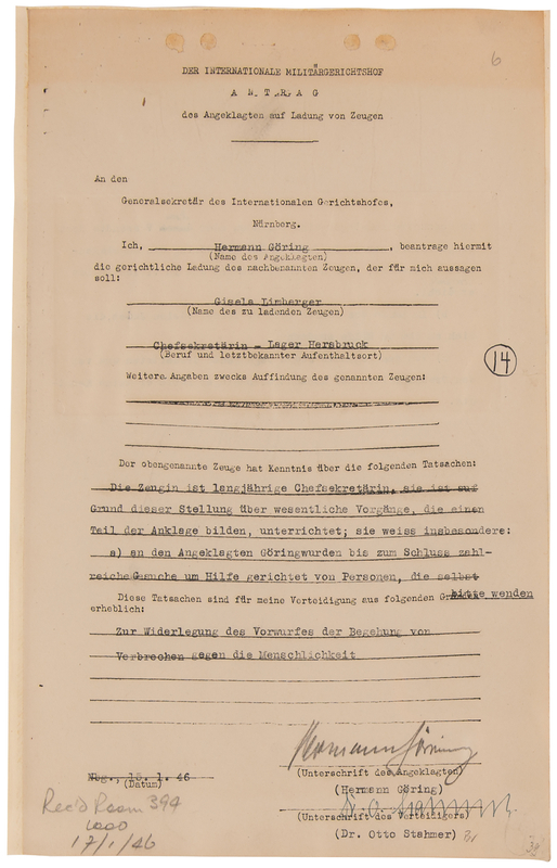 Lot 126 Nuremberg Trials: Hermann Goring Document Signed, Requesting His Secretary's Testimony: 