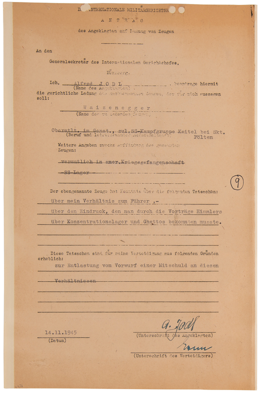 Lot 128 Nuremberg Trials: Alfred Jodl Document Signed, Summoning a POW Witness to testify on his 