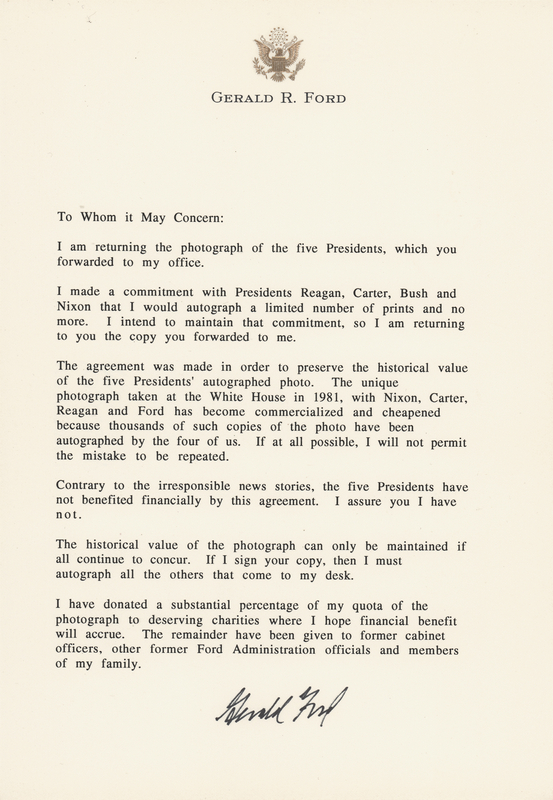 Lot 174 Gerald Ford Typed Letter Signed on a Presidential Group Photo with Nixon, Carter, Bush, and Nixon: “The unique photograph taken at the White House in 1981…has become commercialized and cheapened”