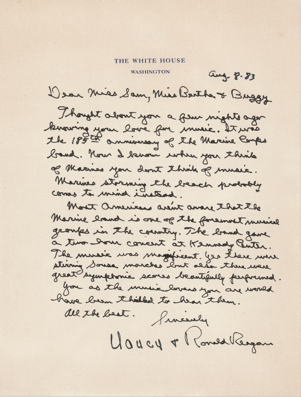 Lot 154 Ronald and Nancy Reagan Autograph Letter Signed as President on the Marine Corps Band: 