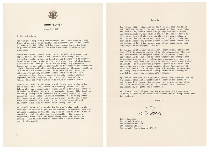 Lot 178 Jimmy Carter Typed Letter Signed to Pittsburgh Steelers HOFer Terry Bradshaw