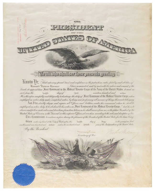 Lot 168 Woodrow Wilson Document Signed as President, Appointing a Lieutenant in the Army Medical Reserve Corps