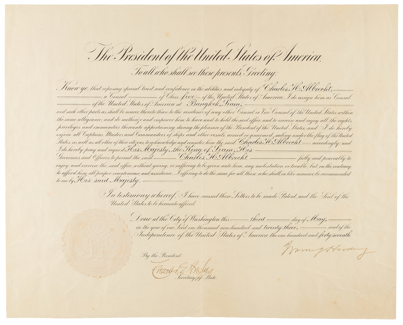 Lot 169 Warren G. Harding Document Signed as President, Appointing a Consul at Bangkok, Siam