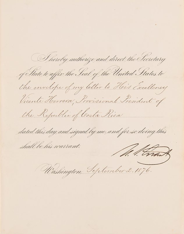 Lot 162 U. S. Grant Document Signed as President, Sending a Letter to the President of Costa Rica