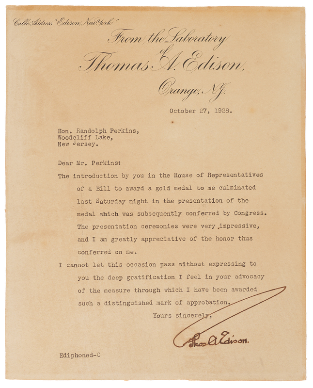 Lot 239 Thomas Edison Typed Letter Signed on His Receipt of the Congressional Gold Medal