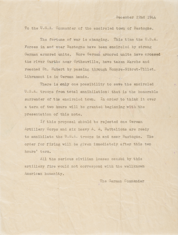 Lot 80 Anthony McAuliffe: Original Typescript of the German Surrender Ultimatum Issued at Bastogne, December 22, 1944 - The Demand Behind McAuliffe's 'Nuts!'