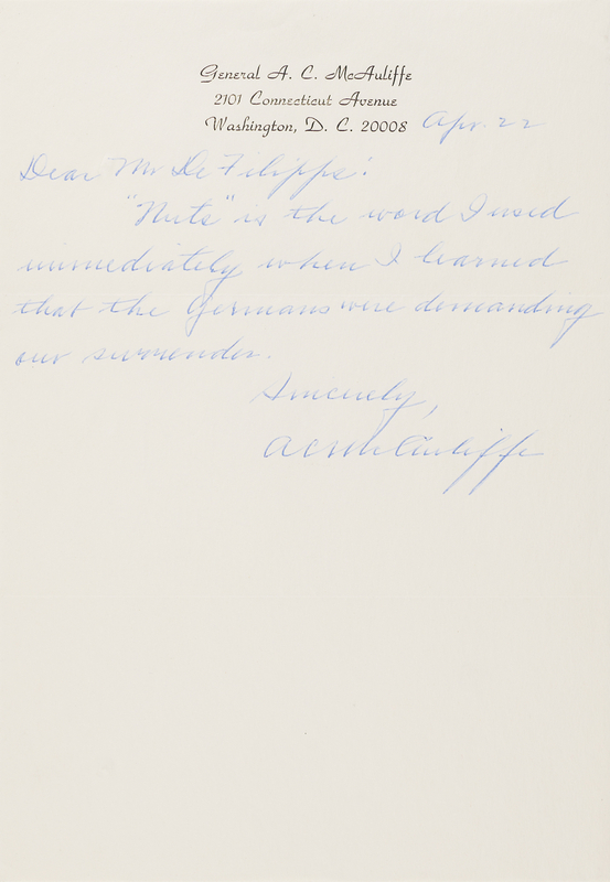 Lot 82 Anthony McAuliffe Autograph Quotation Signed: 