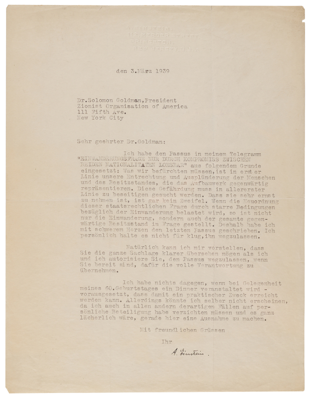 Lot 242 Albert Einstein Typed Letter Signed on Jewish Immigration to Palestine (1939)