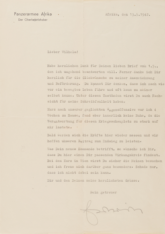 Lot 37 Erwin Rommel War-Dated Typed Letter Signed, Two Weeks Before the Battle of Gazala - 