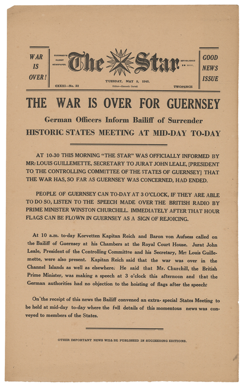 Lot 89 V-E Day: The Guernsey Star Newspaper Broadside (May 8, 1945) - 