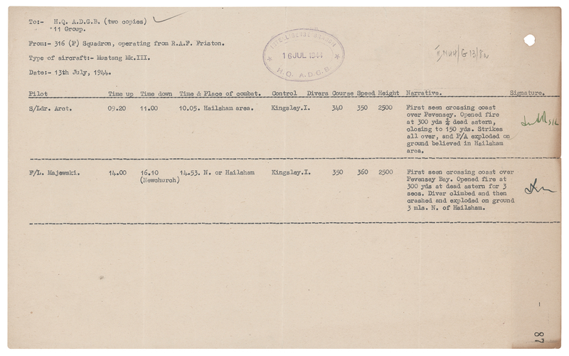 Lot 45 Operation Diver 'V-1 Flying Bomb' Combat Report - No. 316 (Polish) Fighter Squadron, July 1944