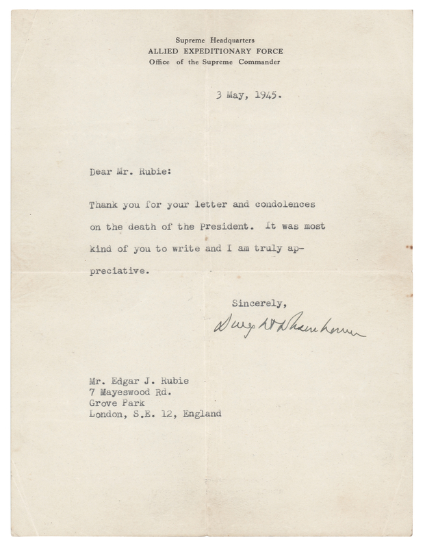 Lot 85 Dwight D. Eisenhower War-Dated Typed Letter Signed on the Death of President Roosevelt - Written Five Days Before V-E Day