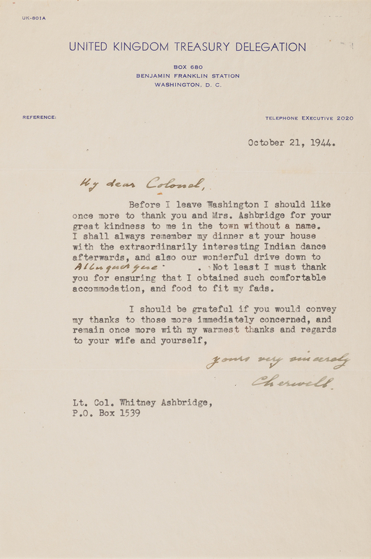 Lot 95 Frederick Lindemann, 1st Viscount Cherwell Typed Letter Signed on His Secret 1944 Visit to Los Alamos, “the town without a name”