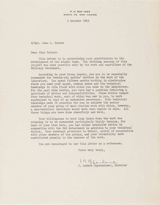 Lot 100 Robert Oppenheimer Typed Letter Signed to a WAC Master Sergeant at Los Alamos on Her “contribution to the development of the atomic bomb”
