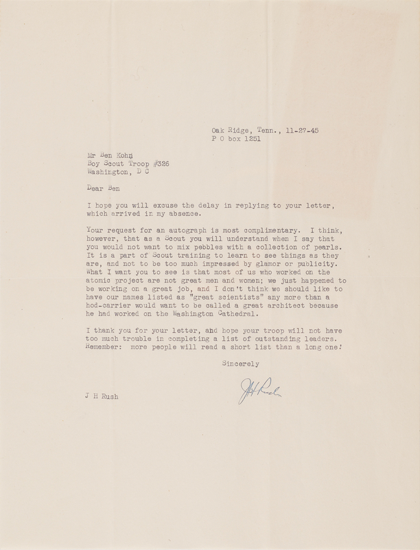 Lot 104 Oak Ridge: Joseph H. Rush Typed Letter Signed - 