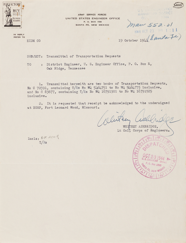 Lot 103 Whitney Ashbridge War-Dated Document Signed - Transportation Request between Los Alamos and Oak Ridge (October 1944)