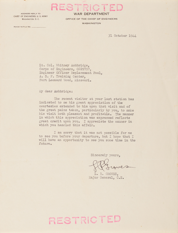 Lot 98 Leslie Groves War-Dated Typed Letter Signed at the Height of the Manhattan Project (October 31, 1944)