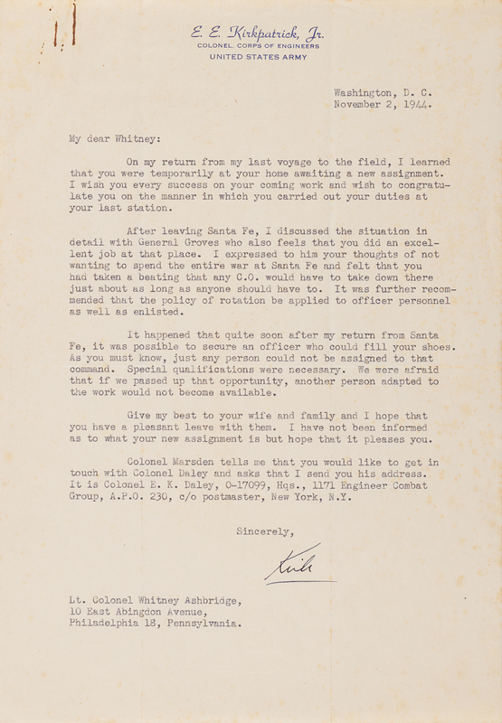 Lot 99 Elmer E. Kirkpatrick War-Dated Typed Letter Signed as Special Assistant to Manhattan Project Director Leslie Groves
