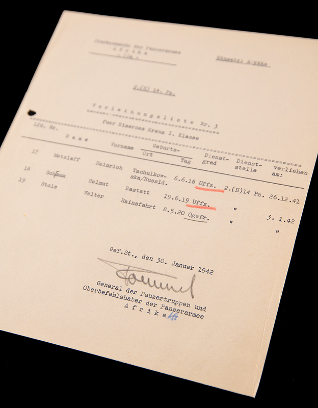 Lot 38 Erwin Rommel War-Dated Document Signed (January 30, 1942) - Awarding the Iron Cross to Three Panzer Army Africa Soldiers