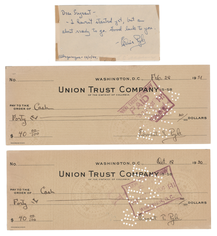 Lot 139 Ernie Pyle (3) Signed Items - Checks and Autograph Note