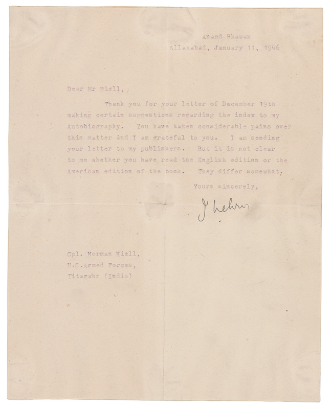 Lot 211 Jawaharlal Nehru Typed Letter Signed on Revisions to His Autobiography
