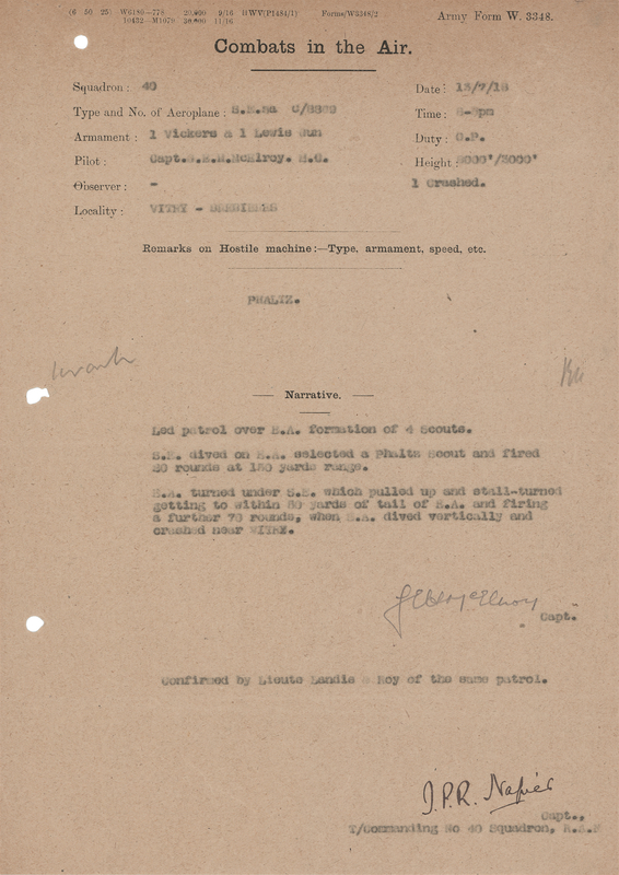 Lot 268 George McElroy War-Dated Signed ‘Combats in the Air’ Form Confirming a Downed German Pfalz Aircraft on July 13, 1918 - Dated 18 Days Before His Death