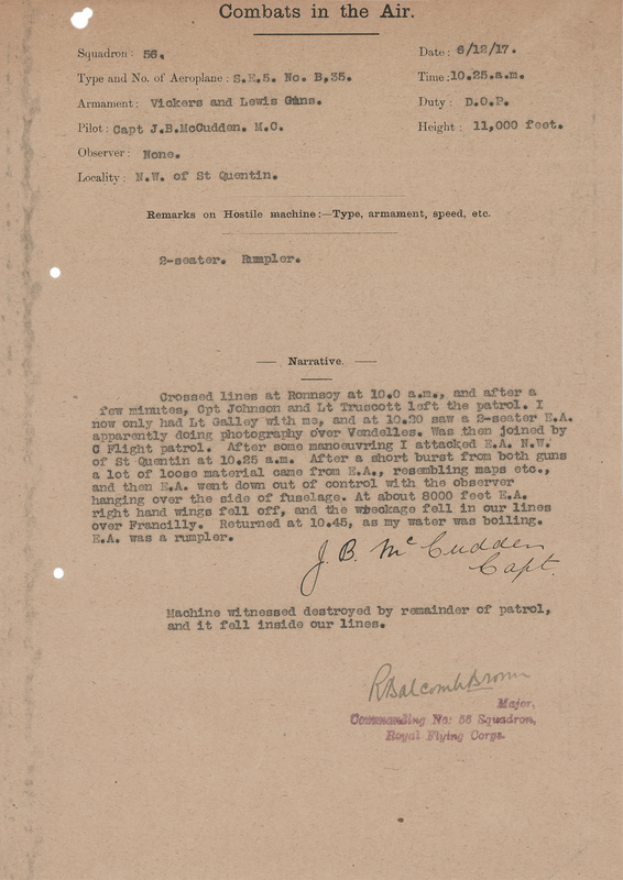 Lot 267 James McCudden War-Dated Signed ‘Combats in the Air’ Form Confirming a Downed German Rumpler - 