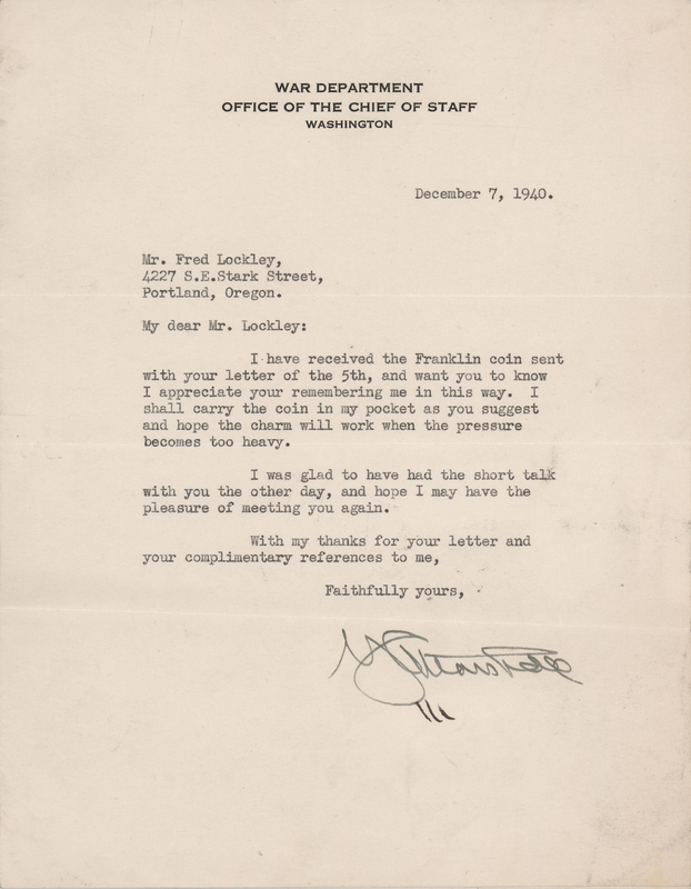 Lot 36 George C. Marshall War-Dated Typed Letter Signed on a Gifted Coin - “Hope the charm will work when the pressure becomes too heavy”