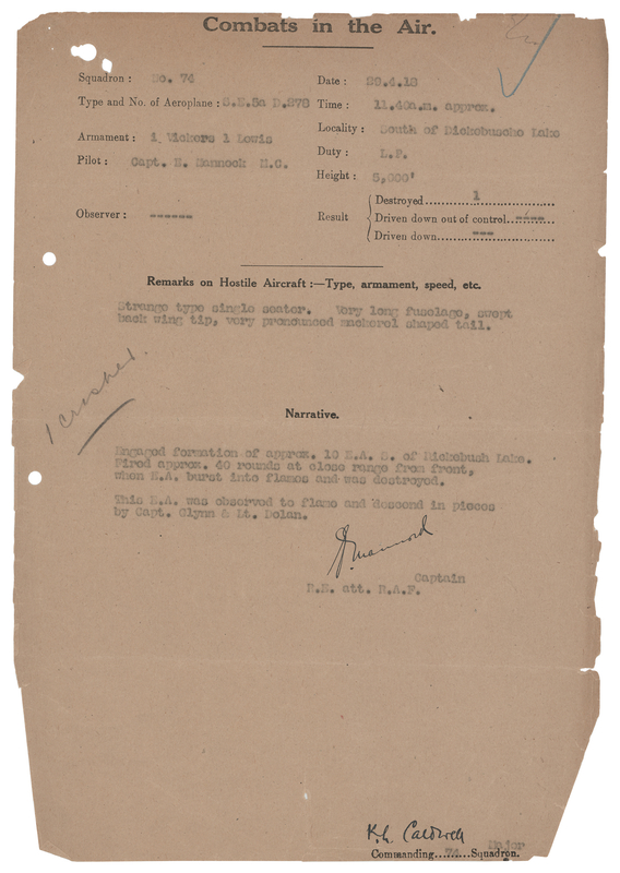 Lot 266 Mick Mannock War-Dated Signed ‘Combats in the Air’ Form Confirming a Downed German Aircraft - 
