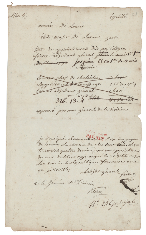 Lot 271 Jean-Baptiste Kleber Military Pay Document Signed (1793)