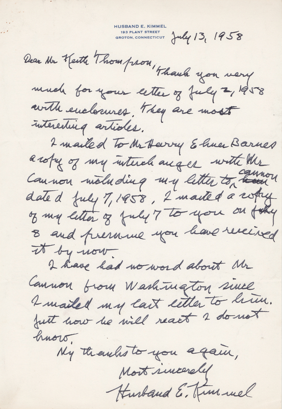 Lot 34 Husband E. Kimmel Autograph Letter Signed on Pearl Harbor Debate