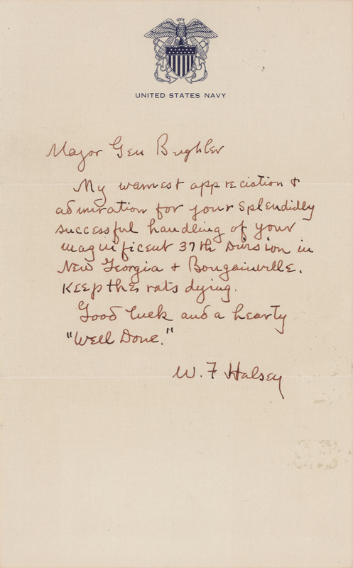 Lot 57 William F. Halsey War-Dated Autograph Letter Signed on the 37th Division’s Success in New Georgia and Bougainville - “Keep the rats dying”