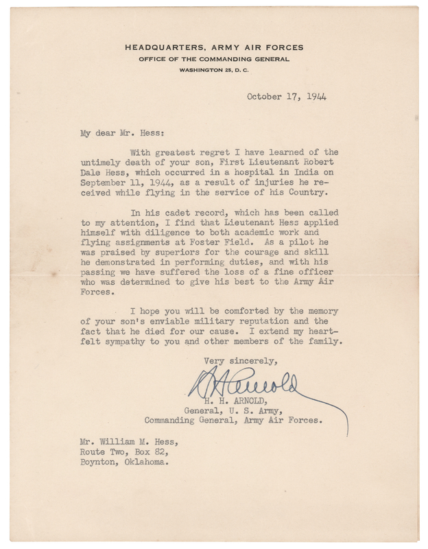 Lot 46 Hap Arnold War-Dated Signed Typed Letter of Condolence